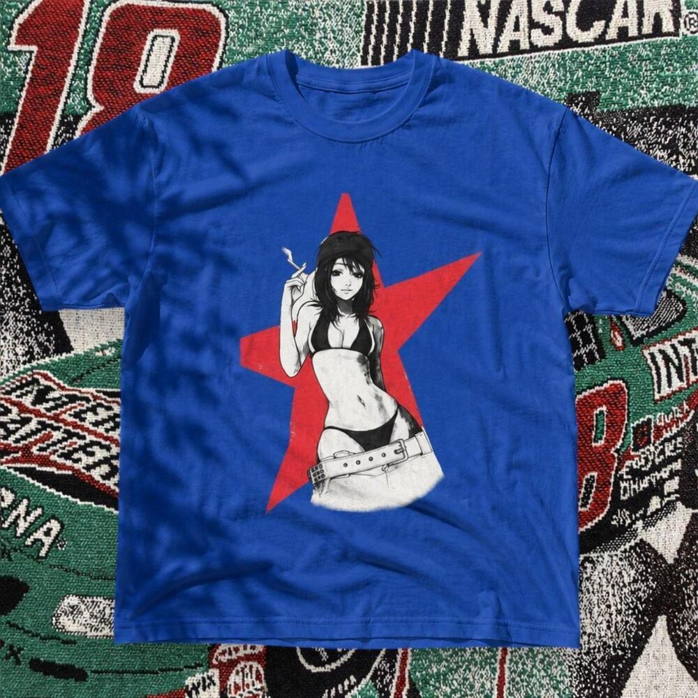 Anime Red Star Girl Graphic Tee Royal Blue Unisex